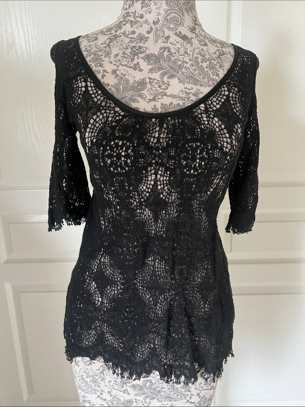 Cynthia Steffe Black Crochet Scoop Neck Top